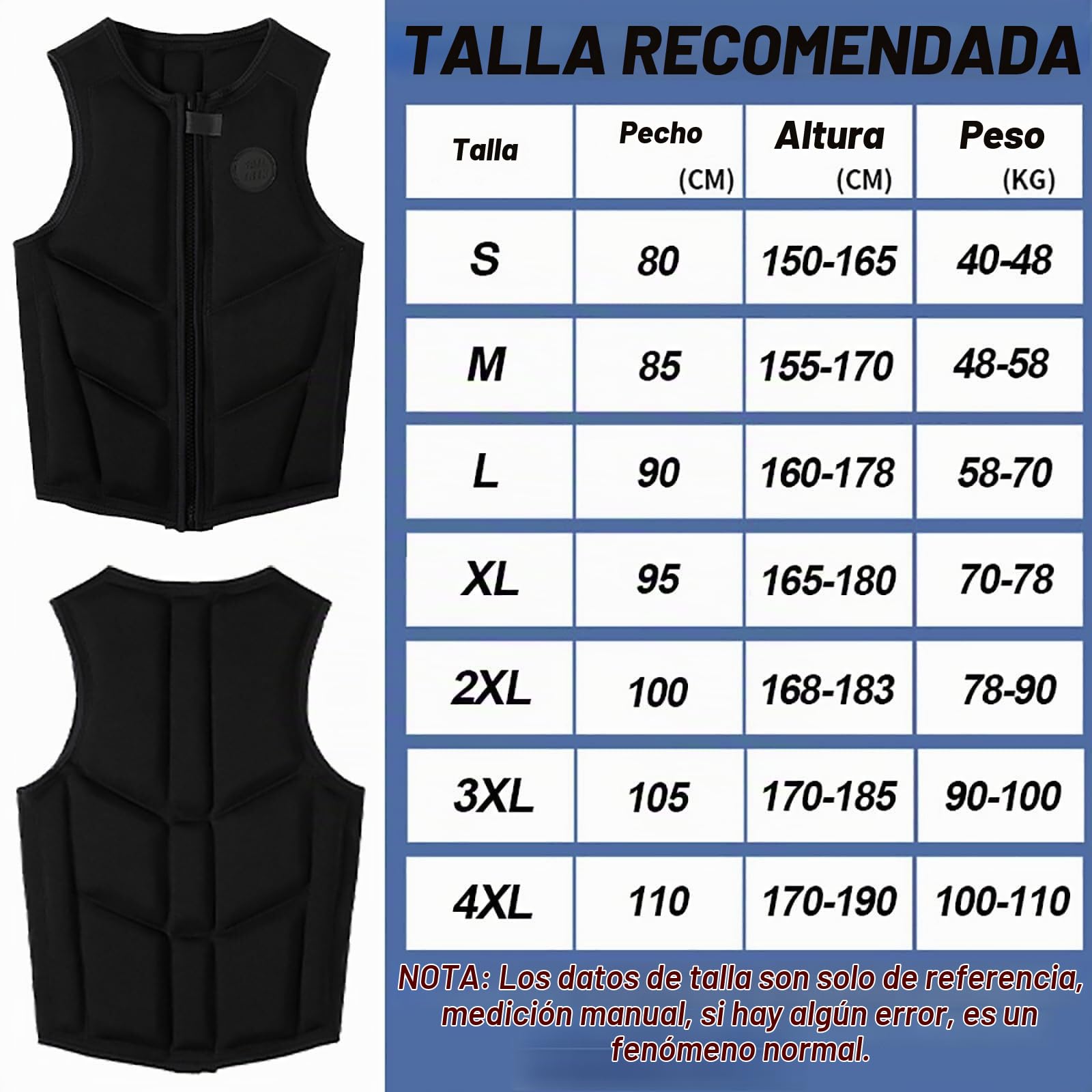 Chaleco Salvavidas de Neopreno para Adultos, Chaleco de Flotación Ajustable para Kayak, Paddle Surf, Pesca, Navegación, Deportes Acuáticos, Equipo de Natación(Orange,3XL90-100KG)