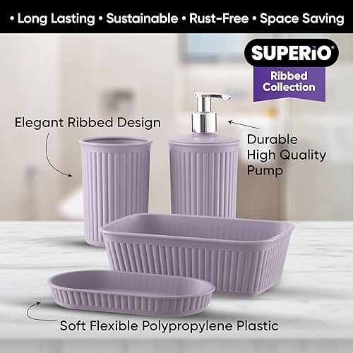 Miniatura 3 de Superio Colección acanalada, juego de accesorios decorativos de baño de plástico, morado lila (juego de 4) jabonera, dispensador de líquido, taza