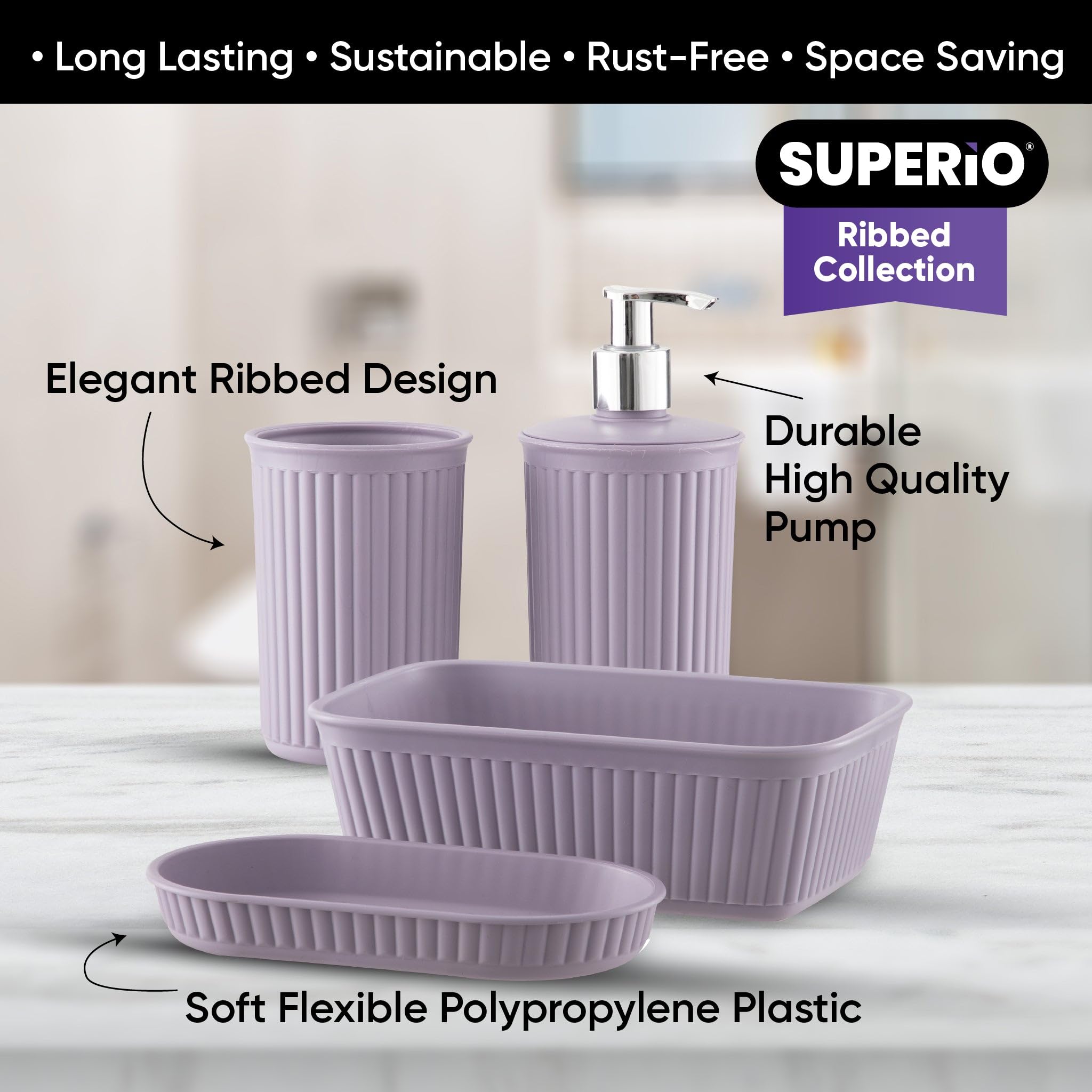 Superio Ribbed Toilet Bowl Brush & Holder Set - Decorative Lilac Purple Plastic Bathroom Cleaner