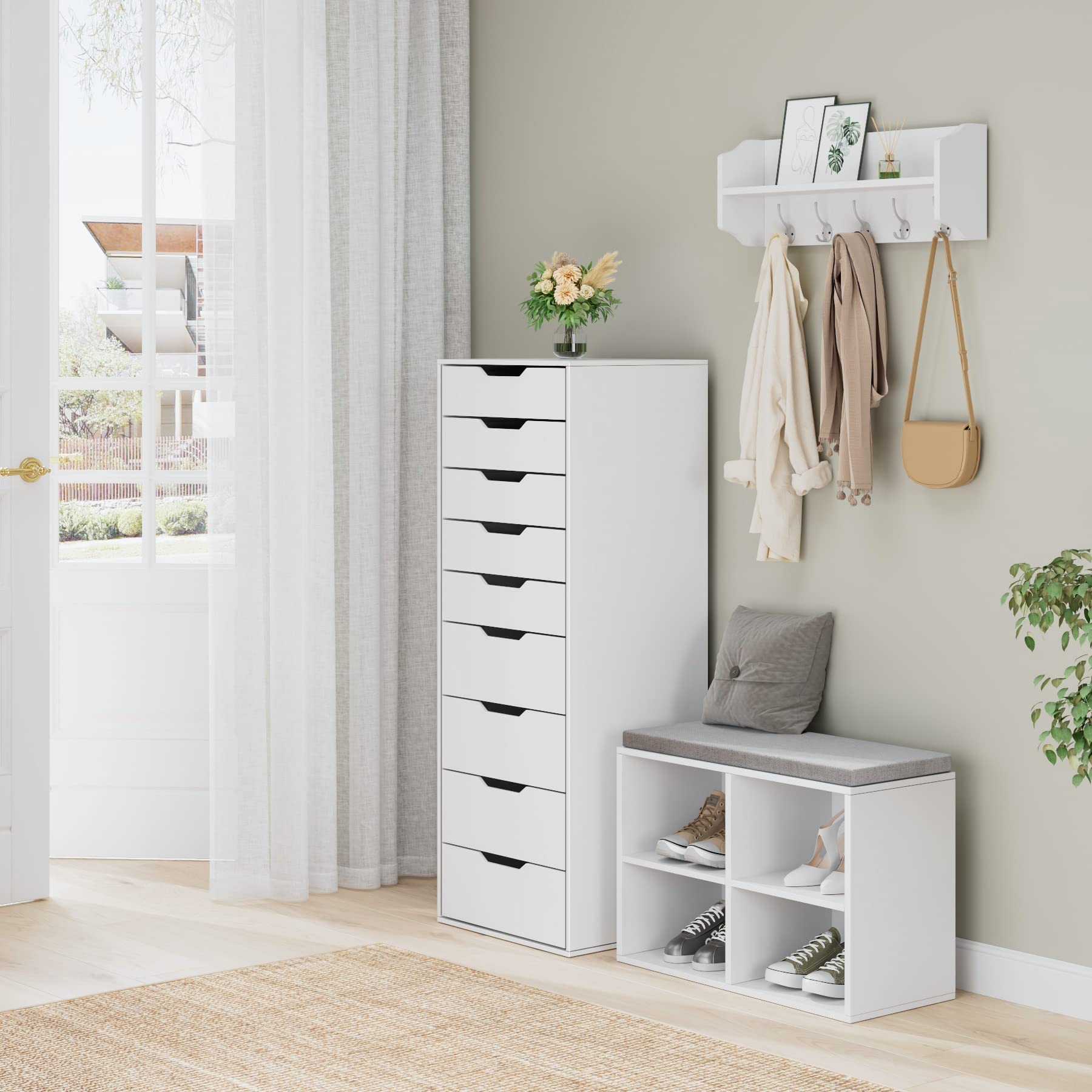 FOREHILL 124,5 cm Cassettiera alta Bianca,Cassettiera a 9 cassetti,Comò con Cassetti Comodino in Legno,Mobiletto Autoportante per Soggiorno, Camera da Letto, Corridoio, Cucina 40 x 45 x 124cm(Bianco)