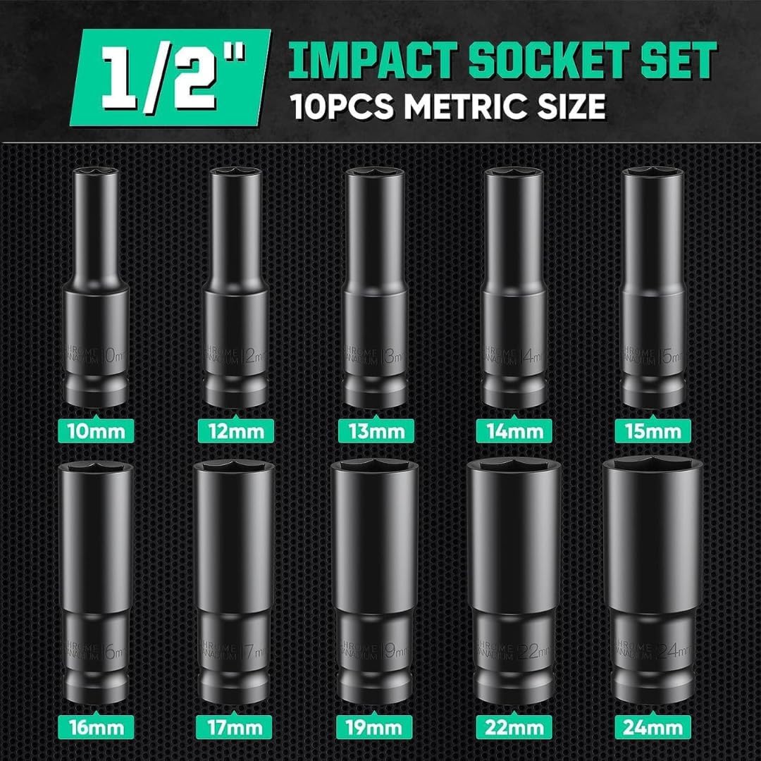 Fab Innovations 10pcs Deep Impact Set Universal Socket Metric Drive Hex Long Socket Set Wrench For Air Pneumatic Repair Tools 10-24MM Size 1