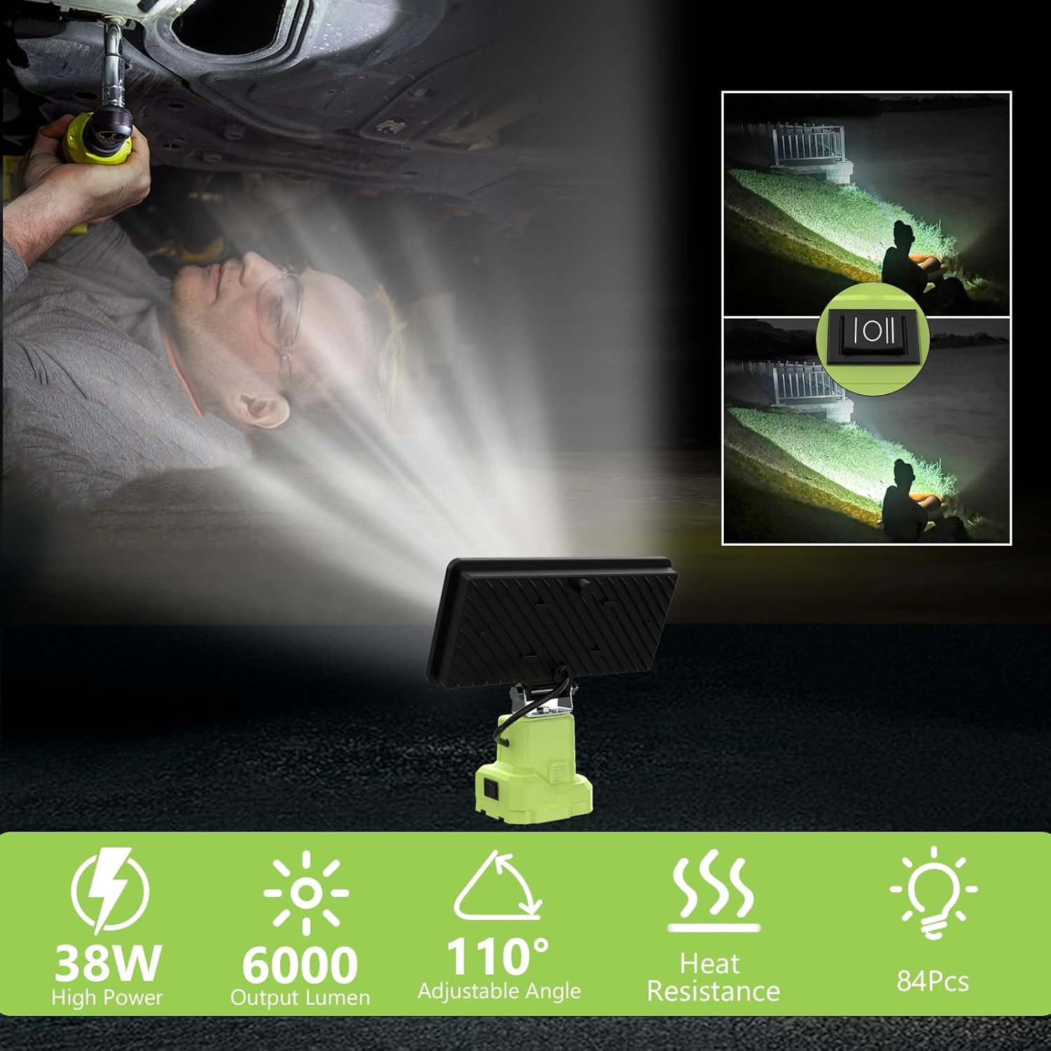 6000 LM 38W Cordless LED Work Lights Compatible with Ryobi 18V/20V Battery Portable Super Bright Flashlight LED Flood Light with 2 Modes Setting & Upgraded Short-Circuit Protection