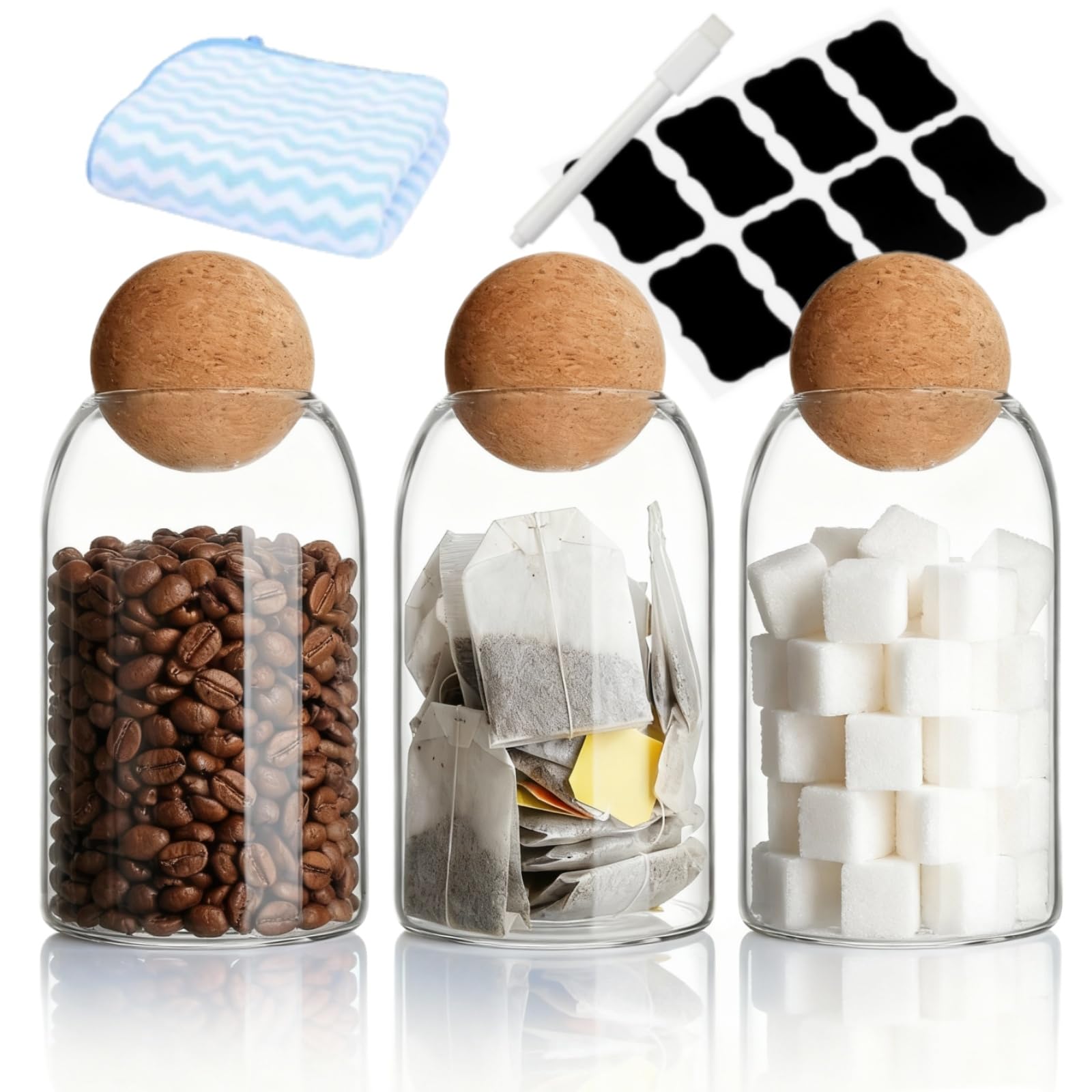 Siocok Transparent Tea Coffee Sugar Canisters Set, 3 Cork Ball Glass Jars 750 Ml, Coffee Jars, Spice Jars, Kitchen Storage Jars, For Kitchen Food Storage Organiser, Coffees, Sugar Cubes, Spices, Etc
