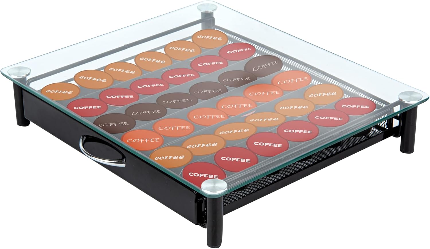 Restaurantware Restpresso 14.4 x 12.3 x 2.8 Inch Coffee Capsule Drawer 1 Heavy-Duty Pod Drawer - Holds 36 Caffitaly Or Lavazza Capsules Glass Top Iron Espresso Pod Organizer Pods Not Included