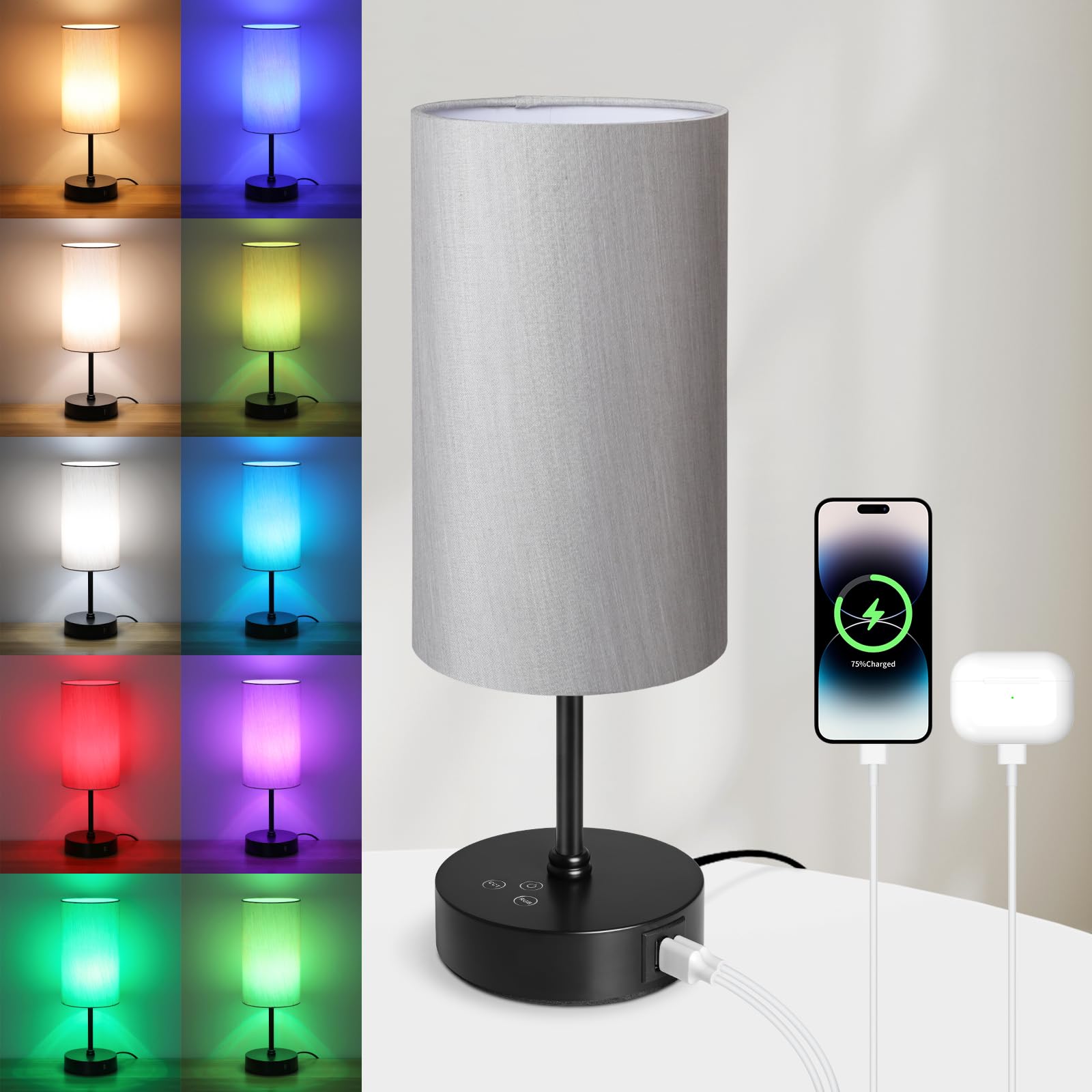 Befurglor Bedside Table Lamps, Stepless Dimmable 3 CCT and RGB 7 Colors, Table Lamp with USB A+C Charging Ports, Touch Lamps for Bedroom Living Room(Grey Fabric Shade)