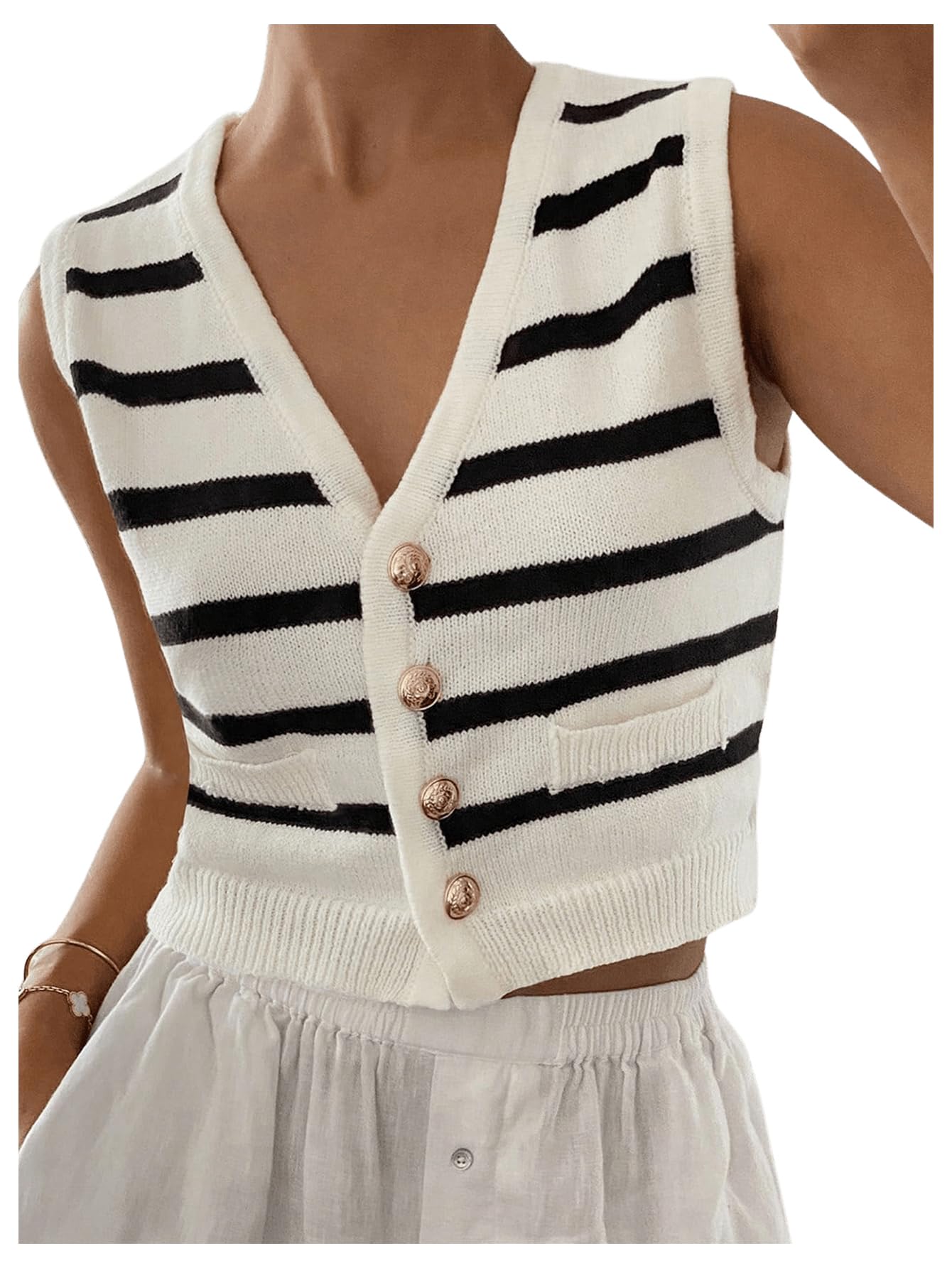 gorglitter Women's Striped Button Up Cropped Sweater Vest Sleeveless V Neck Boho Knitted Tank Tops, Black and White, Medium-picture-29