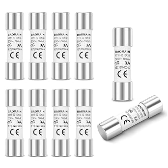 Baomain 10-Pack 3A Fuse Link, RT18-32 RO15 RT14 RT19,Cylindrical Ceramic Tube 10x38mm 500V Listed