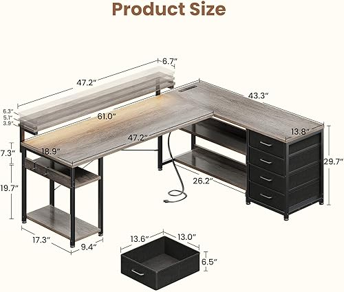 Miniatura 36 de AODK Escritorio en forma de L de 53 pulgadas con cajón, escritorio para computadora con tomas de corriente y luces LED, escritorio de esquina Negro