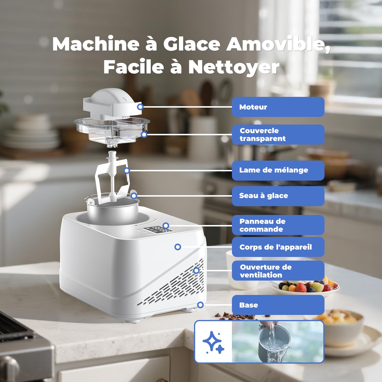 Sorbetière Electrique avec Compresseur, Auto-refroidissan Machine a Glace, Turbine à Glace 1L, avec Gradué/Spatule, pour Fait de Crème Glacée/Gelato