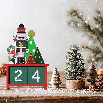 Christmas Countdown Advent Calendar, 24 Days of Christmas Calendar Wooden Xmas Decoration Ornaments for Home Office Table Decor Gifts Soldier & Candy Cane