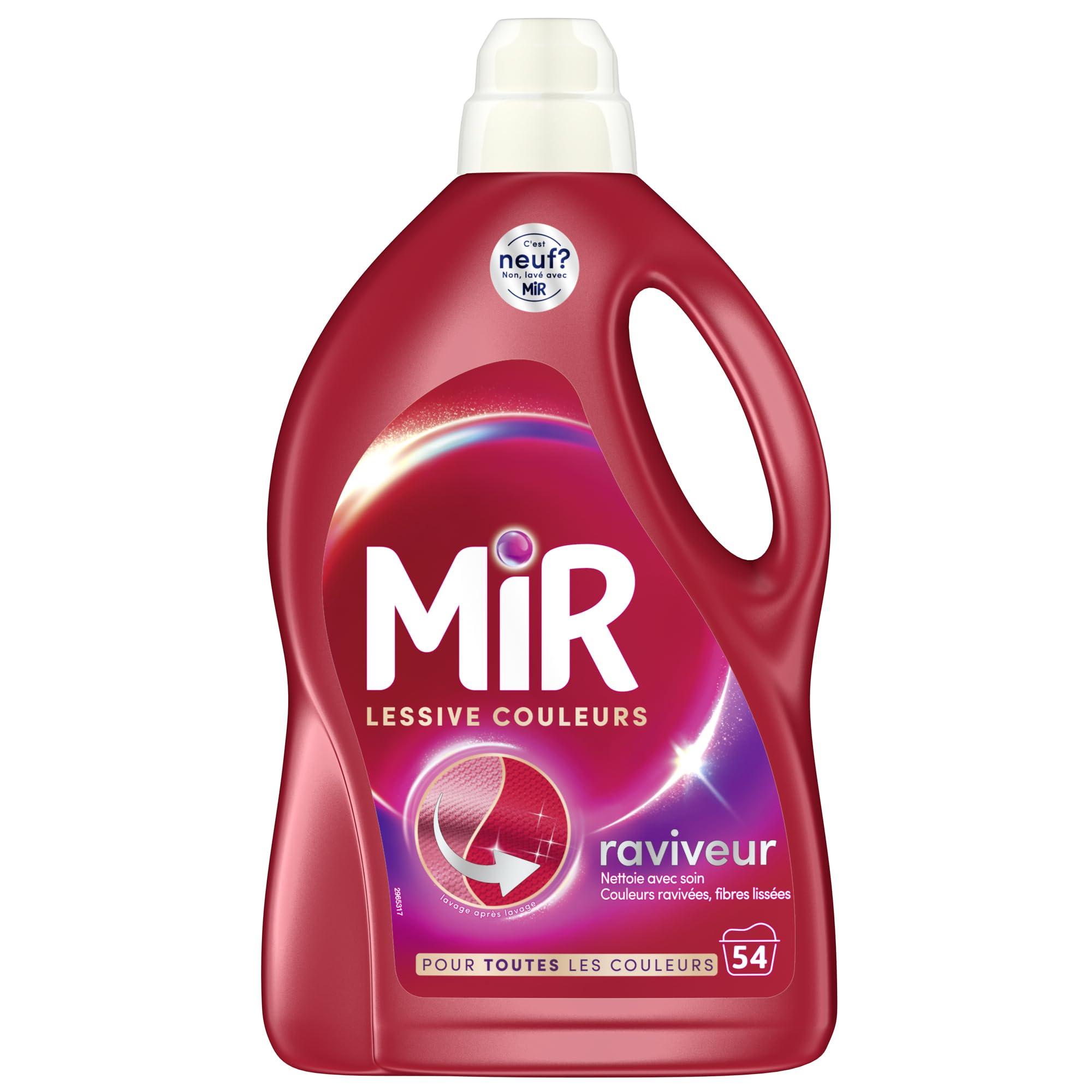 MIR, Lessive Liquide Couleurs, Main & Machine, Raviveur, Formule Unique 3en1, Fraicheur, Fibres, Anti Bouloche, Nettoie avec Soin, 54 Lavages