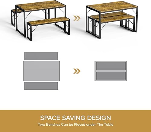 Miniatura 7 de Gizoon 45.5" Dining Table Set for 4 with 2 Benches, Kitchen Table Set with Metal Frame & MDF Board, Space-Saving Dinette for Kitchen, Dining Room