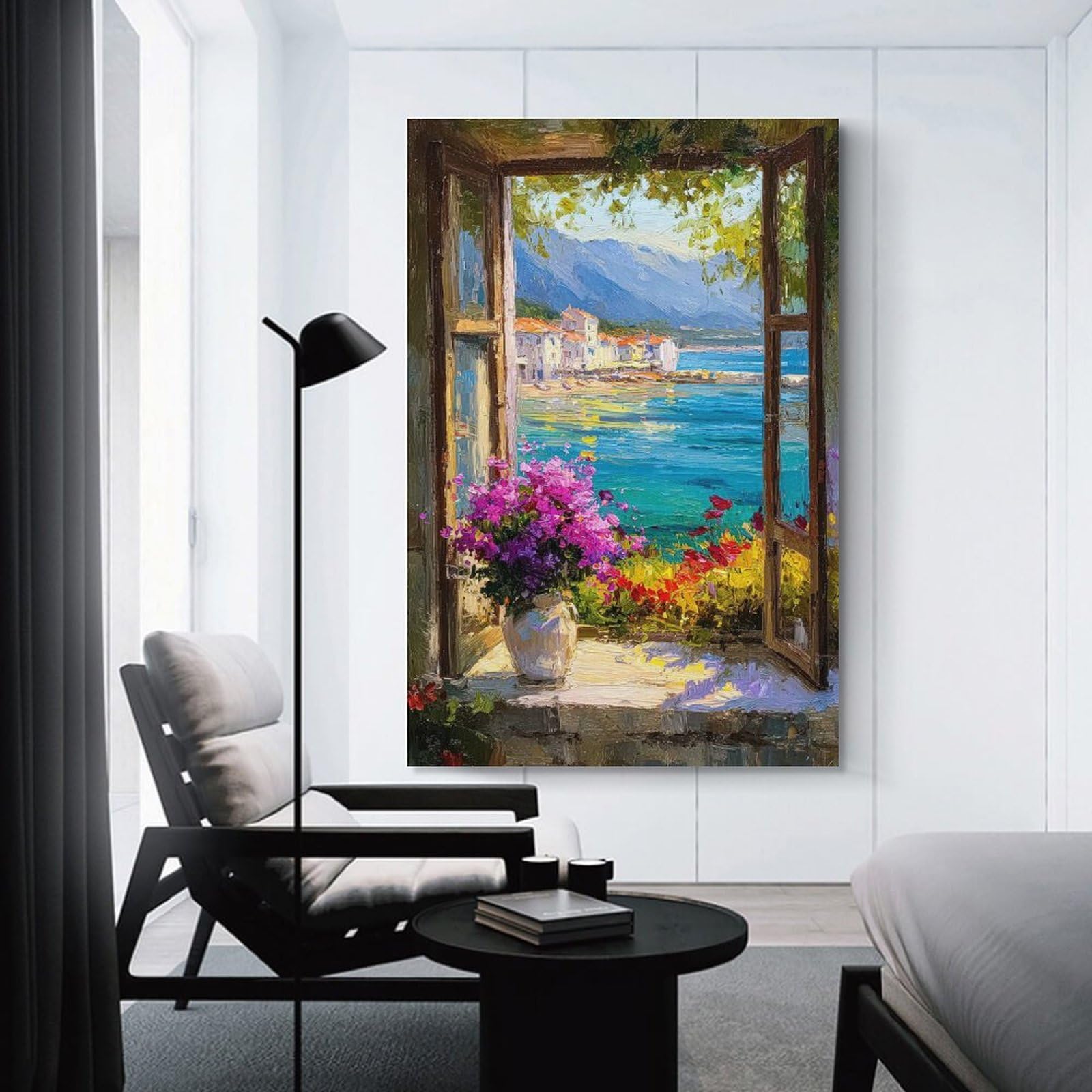Junmoney Unframe-Style-18 Window View Of Mediterranean Coastal Town Home Decor Wall Art, 16X24inch(40X60cm), For Apartment Walls, Studios Or Work Areas, Wall Decor With Flexible Room Appeal