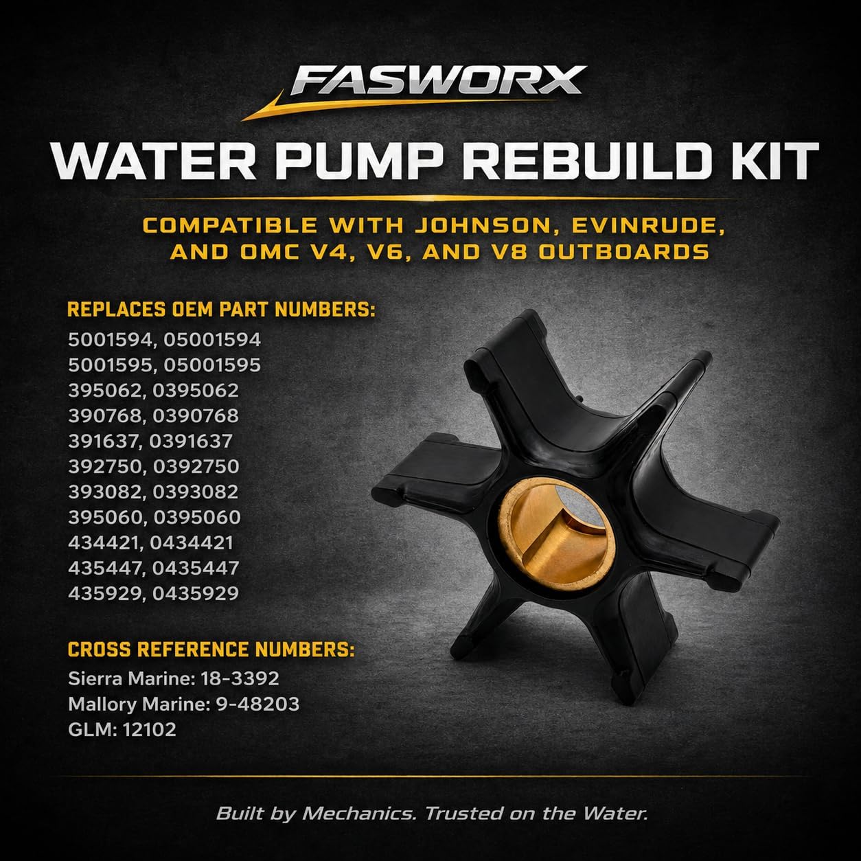 FASWORX 5001594 Water Pump Rebuild Kit Impeller Replacement for Johnson Evinrude OMC BRP V4 V6 V8 Outboard Motors 85-300 HP - Replaces OEM 395062, 434421, 395060 390768, Sierra 18-3392