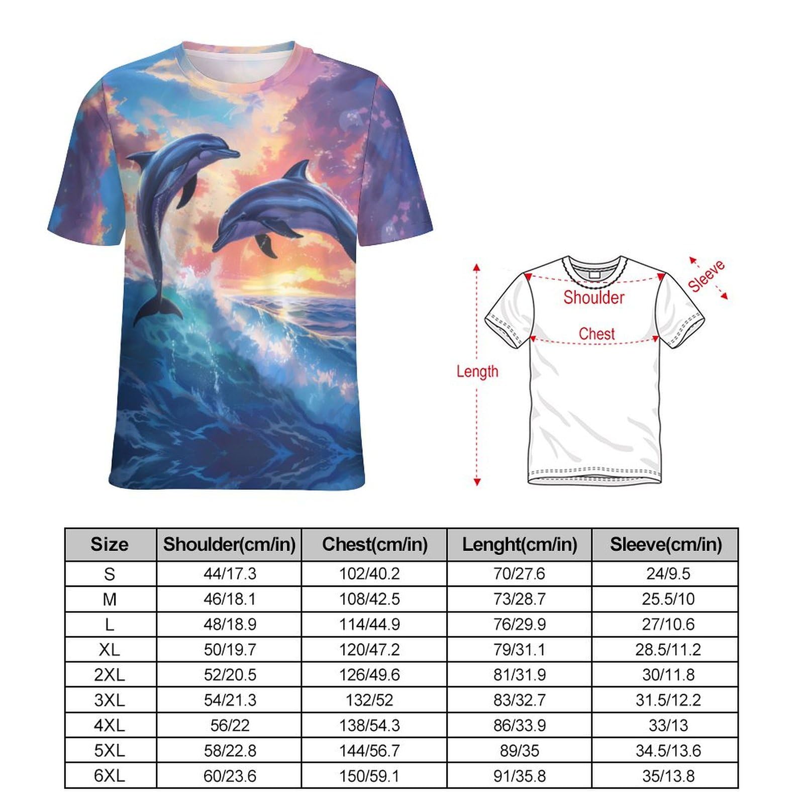 Dolphins Sunset Unisex Adult T-Shirts Summer Short Sleeve Tee Casual Tops Funny Graphic L