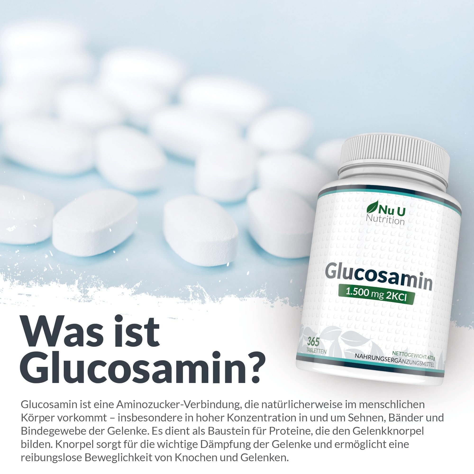 Glucosamin 1500mg 2KCI Hochdosiert - 365 Tabletten - 12 Monate Vorrat - Versorgung für ein Jahr - Nu U Nutrition