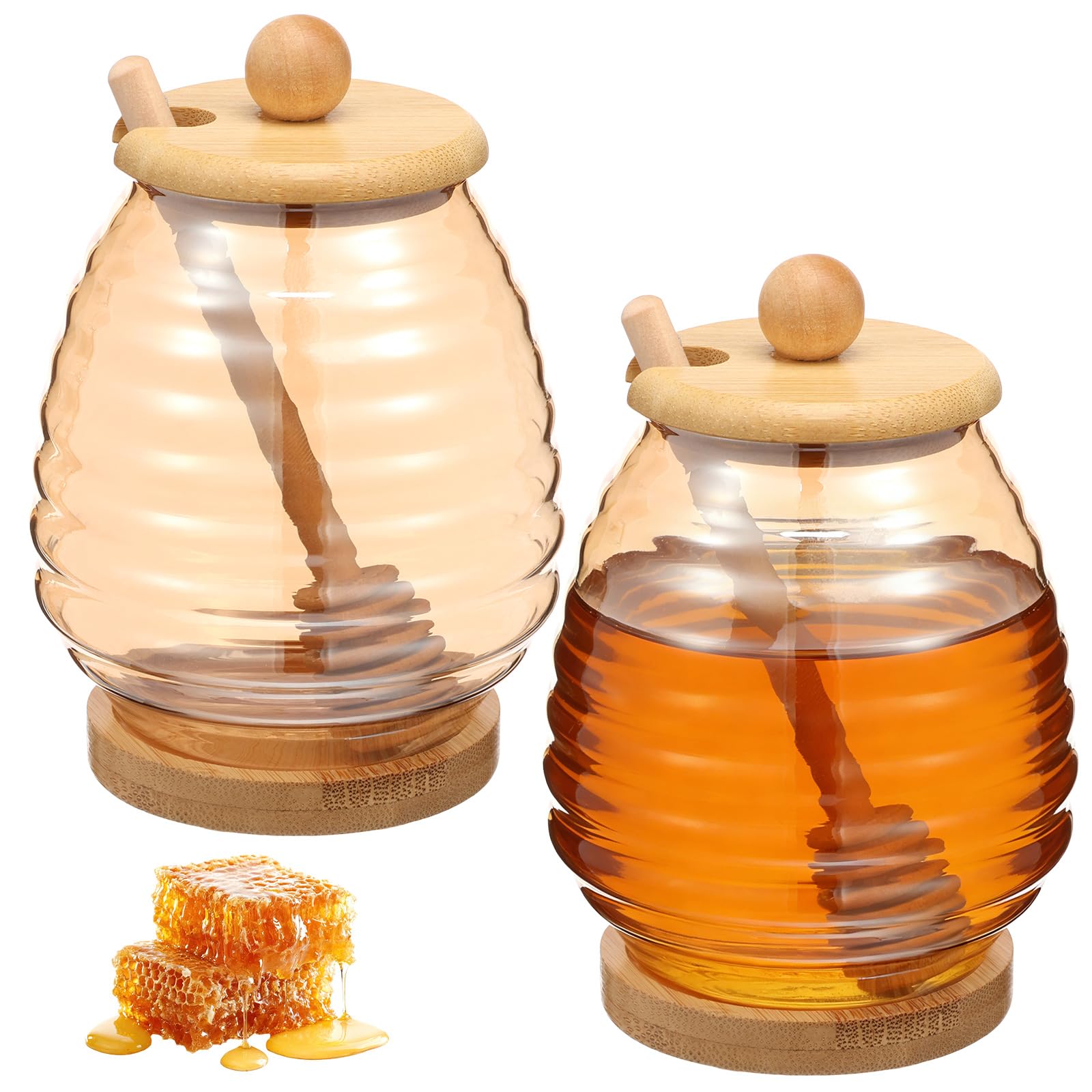 2Pack 450ml Honey Pot with Dipper and Lid, Glass Honey Jar with Bamboo Base Tray and Bamboo Lid, Wide Mouth Syrup Container for Home Kitchen, Honeypot for Dinner Table(Gold)