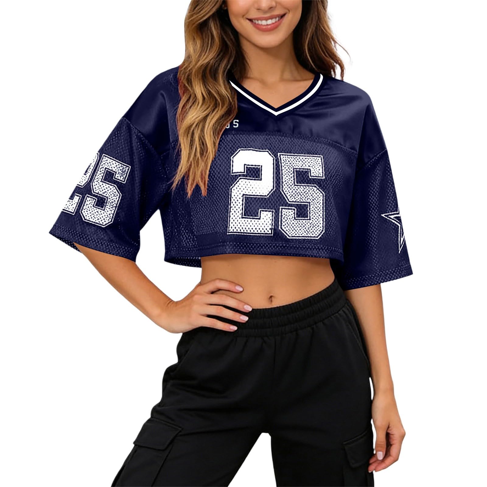 Baseball Shirt Women's Y2K Basketball T-Shirt Short Sleeve V-Neck Number Print Shirt Loose Crop Top Sexy Crop Top Cheerleader Outfit Hip-Hop Style Streetwear, O dark blue., M