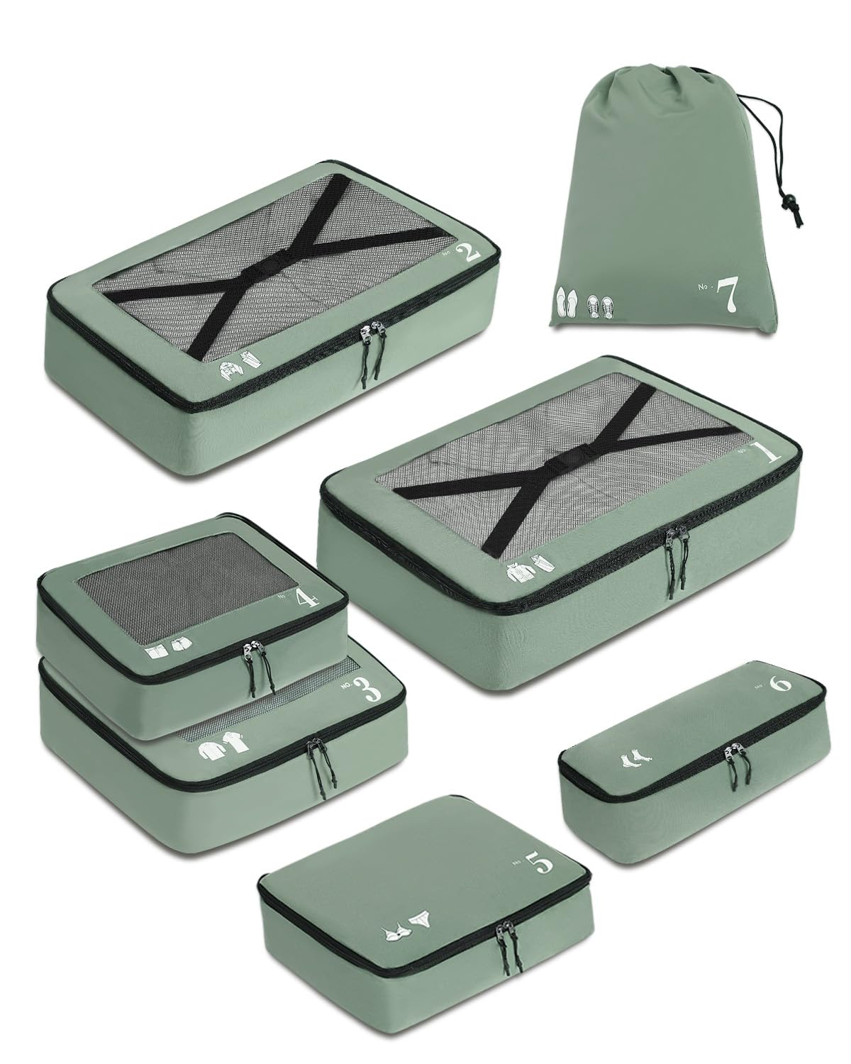 ECOHUB 7 Teilig Koffer Organizer Set, Packing Cubes mit Reißverschluss, Recyceltes PET Packwürfel Set, Packtaschen für Koffer, Organizer Koffer für Urlaub und Reisen, Reise Organizer Set (Grün)