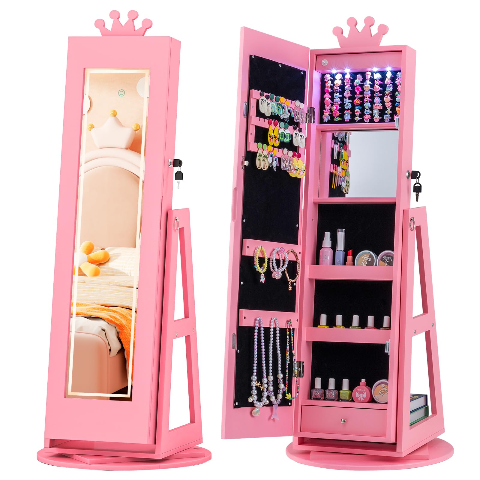 GYMAX Kids Jewelry Cabinet, Freestanding Girls Jewelry Organizer with Full-Length Mirror, Drawer and Anti-toppling System, 360°Swivel Children Jewelry Armoire for Bedroom (Pink, Crown with Lights)