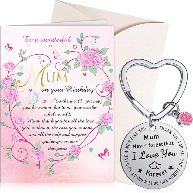 3 Pcs Mum Keyring from Daughter Son with Birthday Card Mum and Envelope, Never Forget That I Love You Mom Keyring Engraved Birthday Mum Cards with Envelope for Women Mother