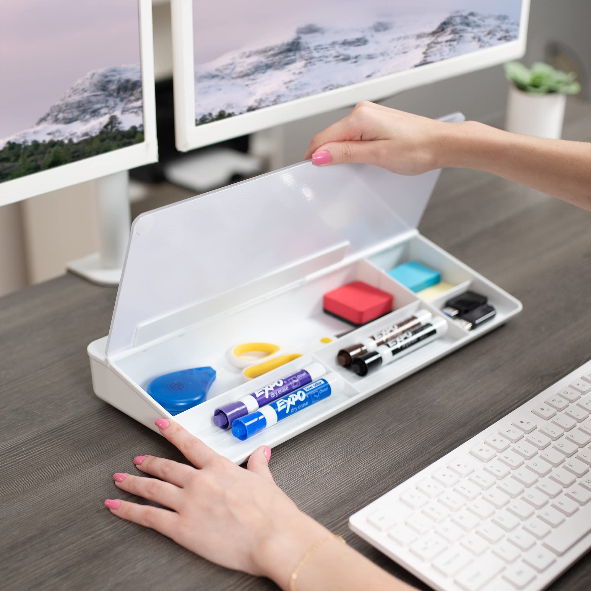 VIVO DESK-WB16A Tableau blanc en verre effaçable à sec avec rangement, compartiments cachés et fente pour appareil, 40,6 x 17,8 cm