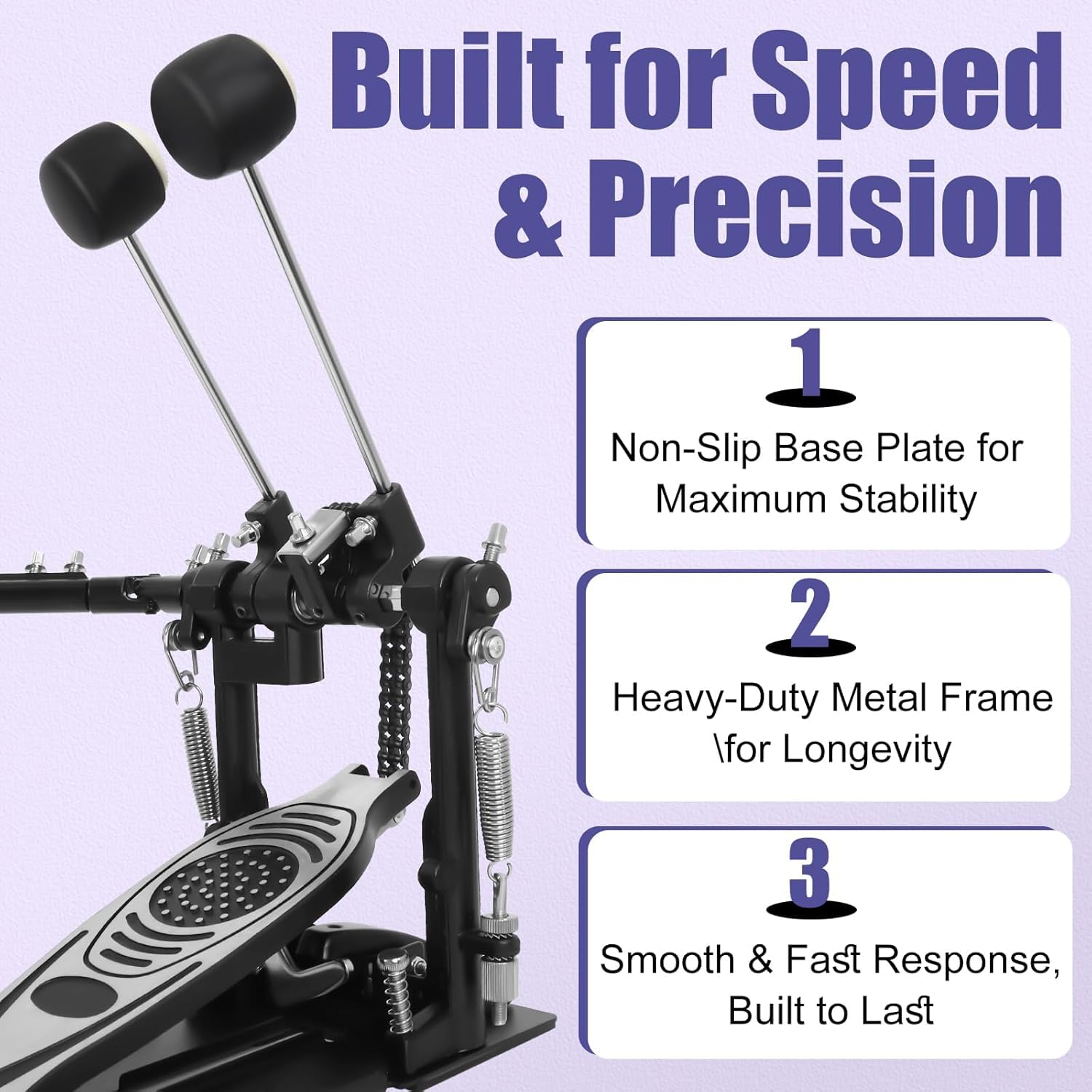 Doppel Bassdrum Pedal mit Doppelkettenantrieb, Kick-Pedal mit einstellbarer Feder- & Schlägelspannung, rutschfeste Bodenplatte, kompatibel mit akustischen & elektronischen Drumsets