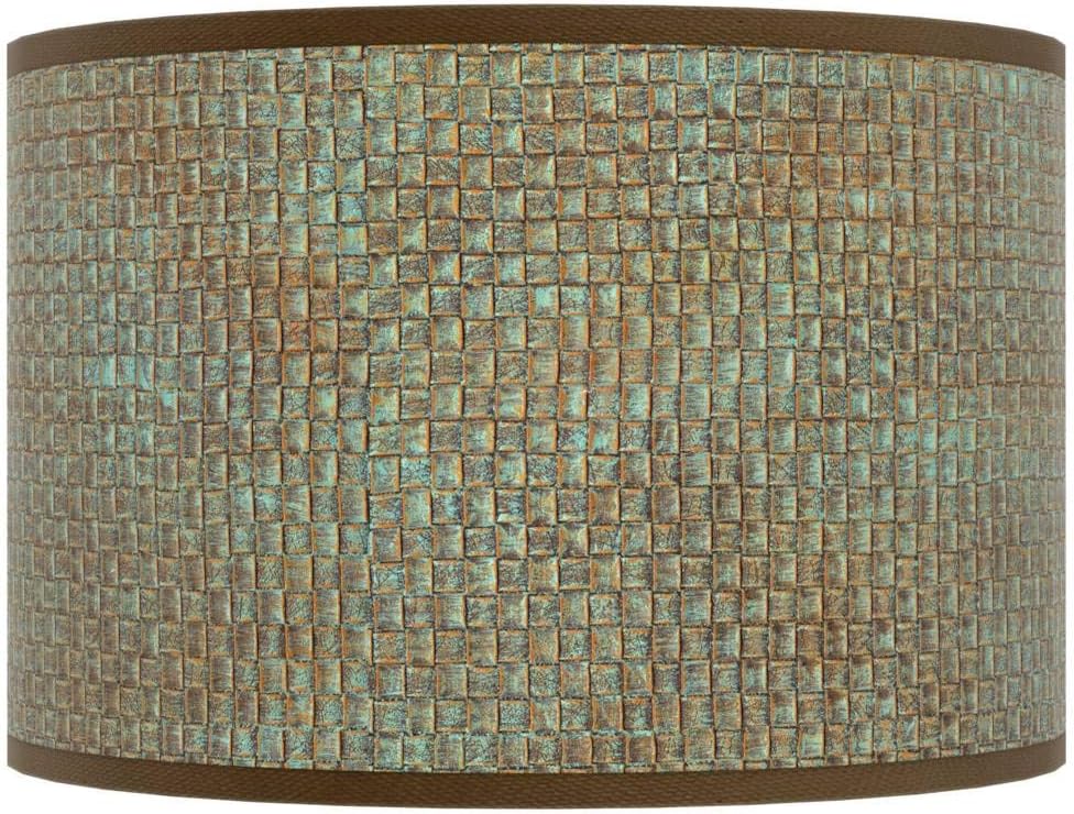 Drum Print Lamp Shade Interweave Patina Brown Medium 12" Top x 12" Bottom x 8.5" High Spider with Replacement Harp and Finial Fitting - Giclee Glow