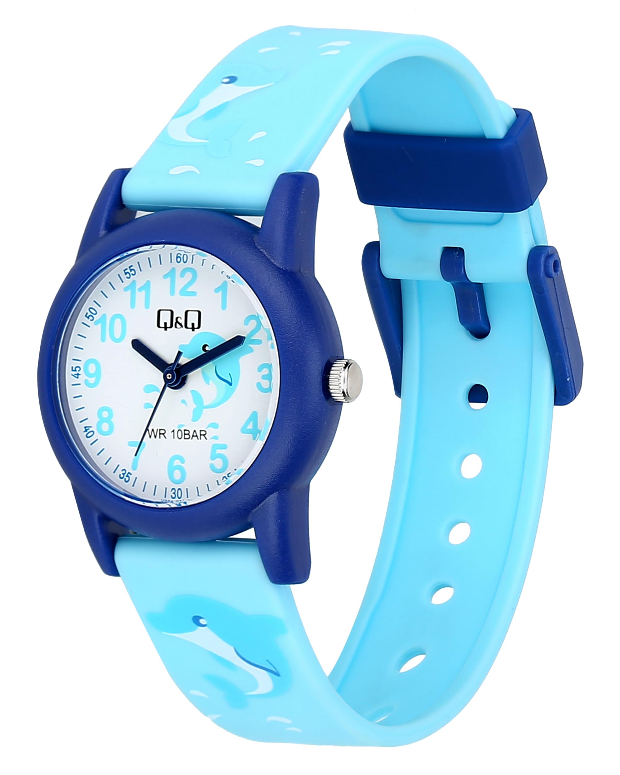 Q&Q Kinder-Uhr Silikon 10 Bar Motiv bunt Lernuhr Analog Quarz (hellblau blau)