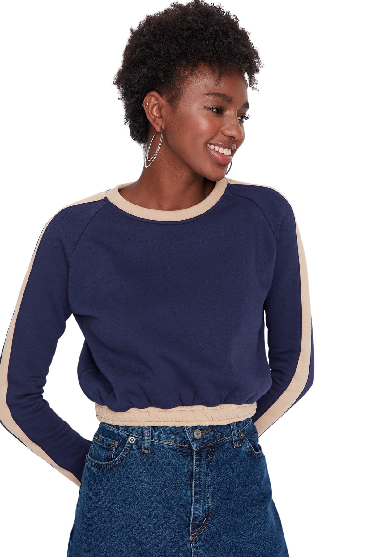 Trendyol Damen Marineblau Einfarbig Tailliertes Rundhalsausschnitt Sweatshirt, L