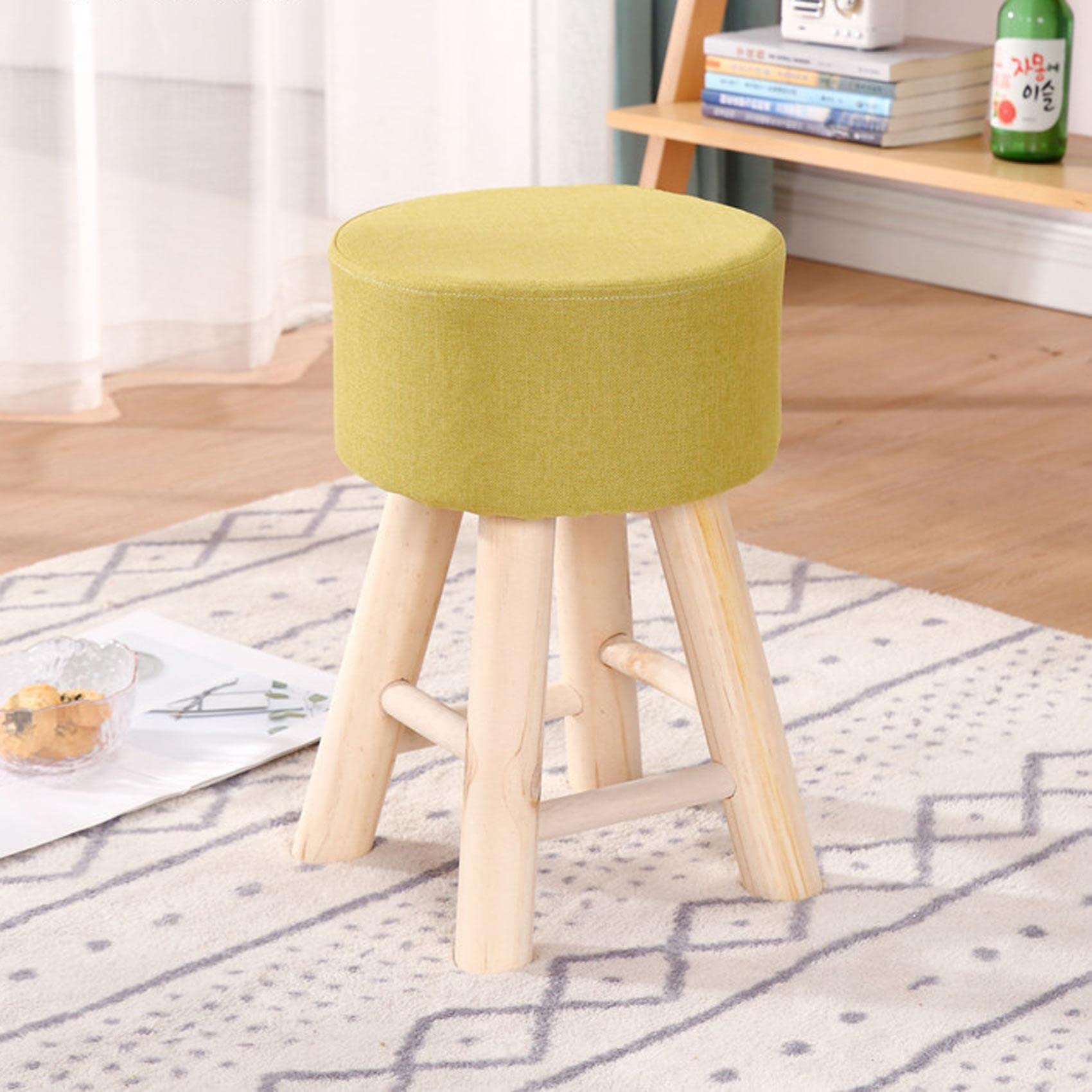 Repose-pieds rond bleu clair pour salon pouf bois lin coton tabouret à langer 28cm