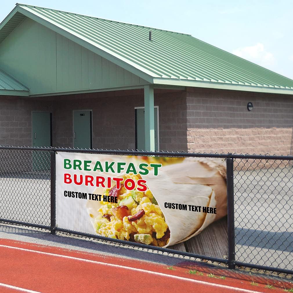 Custom Vinyl Banner Multiple Sizes Breakfast Burritos #3 Advertising Printing Bed and Breakfast Outdoor Weatherproof Industrial Yard Signs 4 Grommets Personalized Text Here 16x40Inches