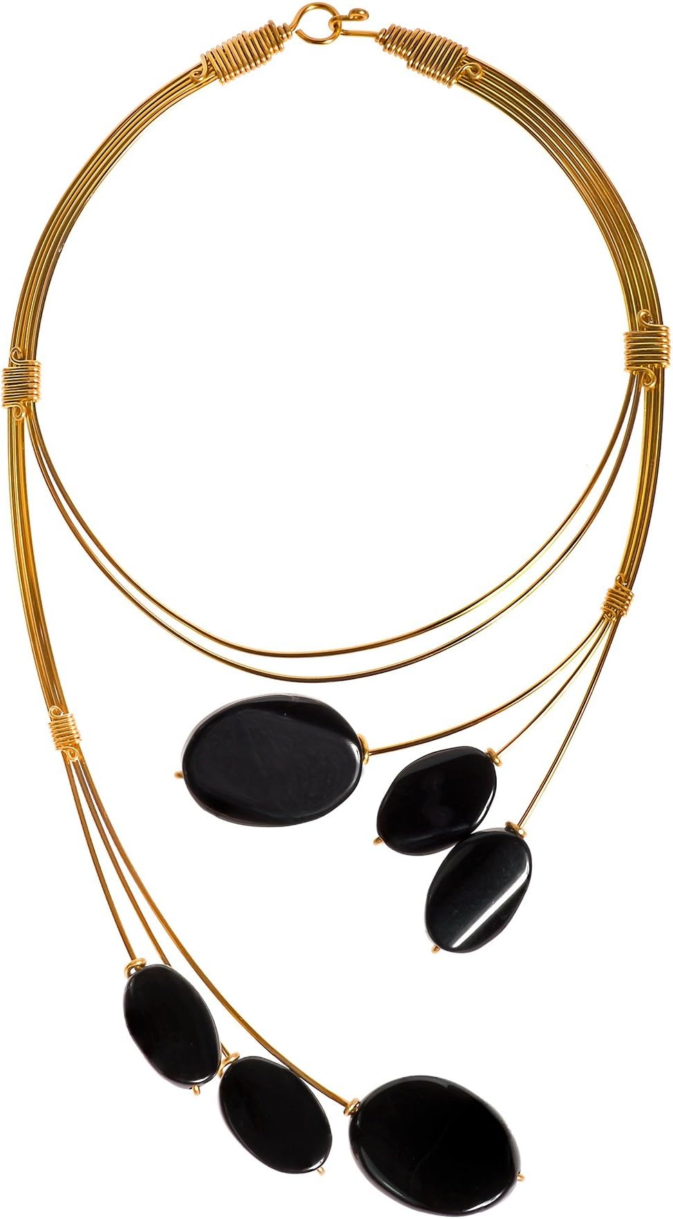 Unique and Modern Floating Ovals of Black Agate Stone in Brass Wireworks Minimalist Chic Inspired Handcrafted Statement Necklace