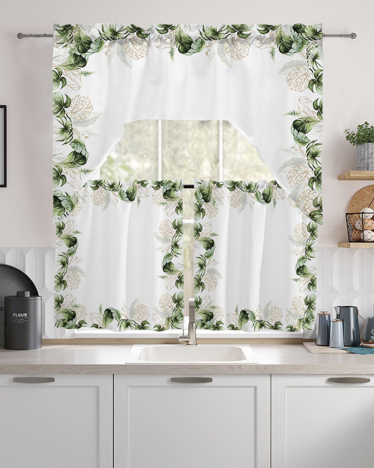 Tropical Palm Leaf Curtain Set - 3 Piece Kitchen/Bedroom Curtains With Valance - Light Filtering
