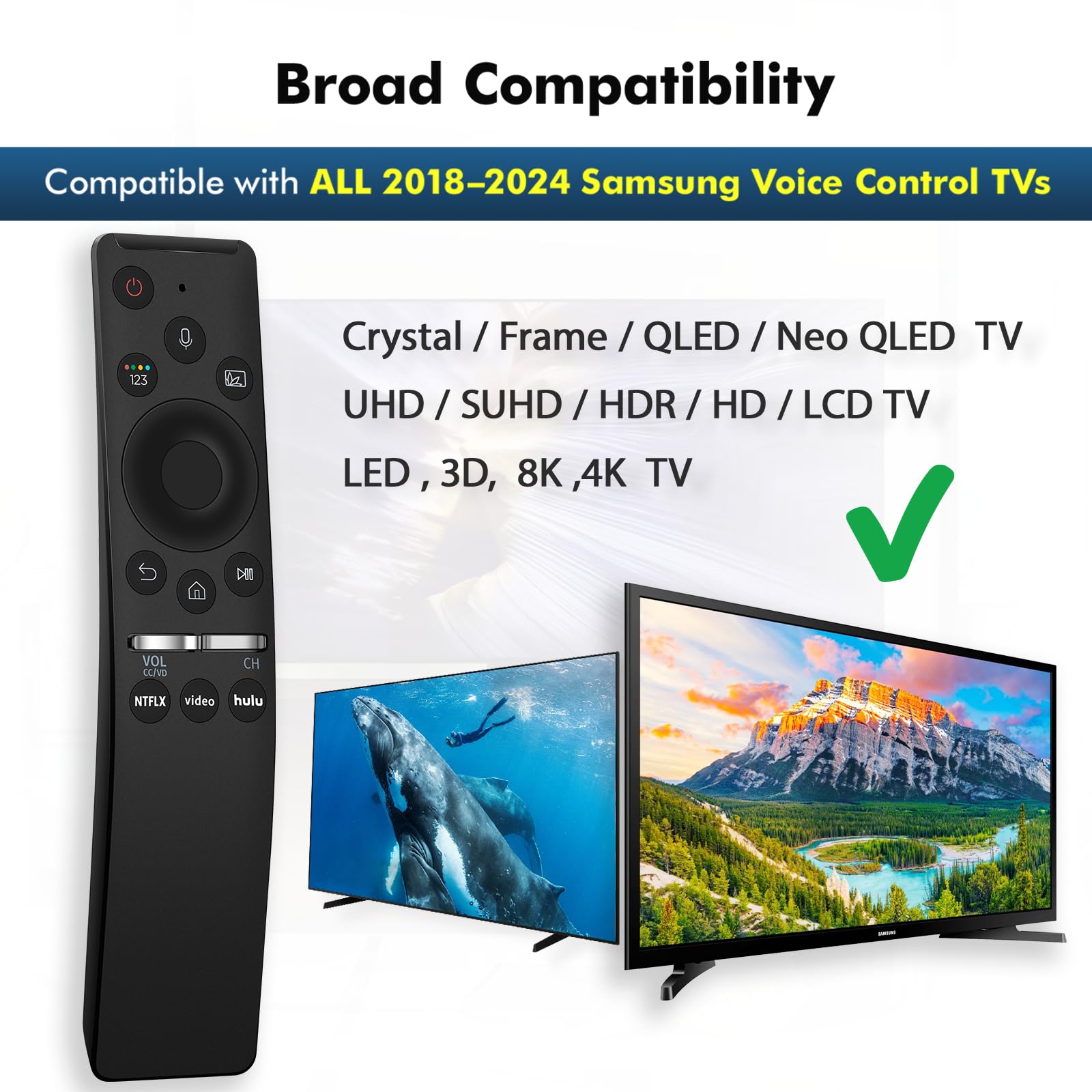 Ersatz-Fernbedienung für Samsung Smart TV, kompatibel mit allen Samsung-Fernsehern mit Sprachfunktion, Smart Curved Frame, QLED, LED, LCD, 8K, 4K TVs