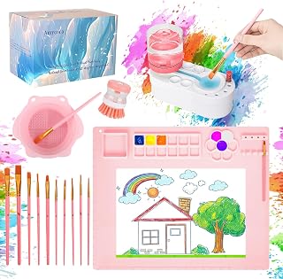 Painting Station, Silicone Painting Mat 20"X16" and Paint Brush Cleaner (Pre-Assembled), 10 Paint Brushes and Foldable Silicone Paint Brush Cleaner Bowl, for Artist Kids Adults Birthday Gifts (Pink)
