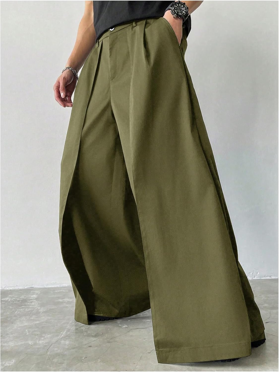 OYOANGLE Men's Baggy Wide Leg Pants Zipper Fly Pleated Trousers Business Casual Dress Pants with Pocket - Image 4