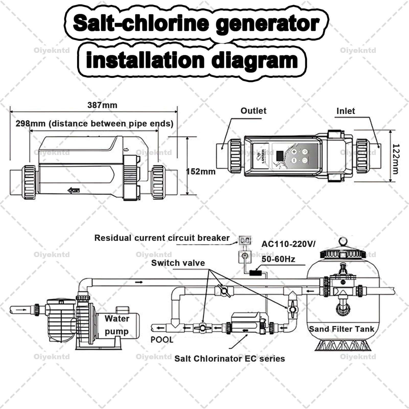 Generador electrolítico de cloro salino para piscinas, dispositivo de cloro autolimpiante, apto para piscinas de hasta 100 m³