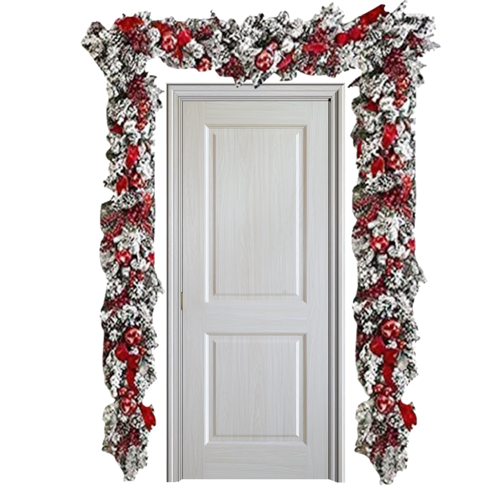 Grsrkep Christmas Garland Decorations 1.5m Realistic Artificial Xmas Garland Ornaments Red White Flocking Hanging for Christmas Front Door Decorations