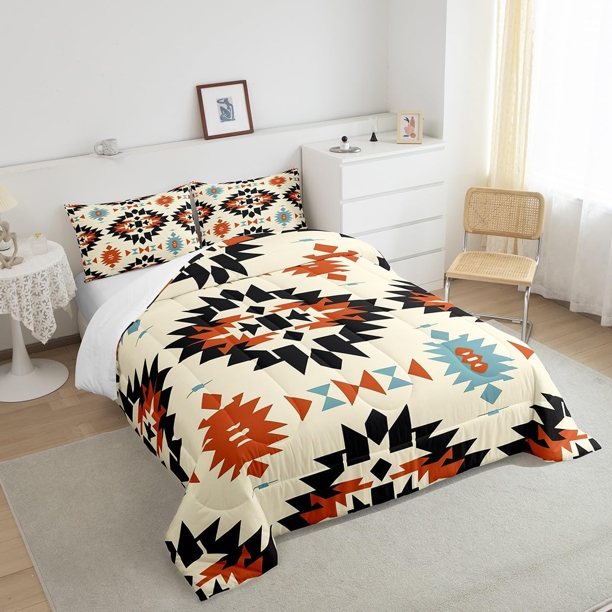 Feelyou Orange Southwestern Bedding Set Full Size Geometric Comforter Set Tribal Native American Indian Design Comforter Teens Decor Exotic Style Stripe Line Duvet Set