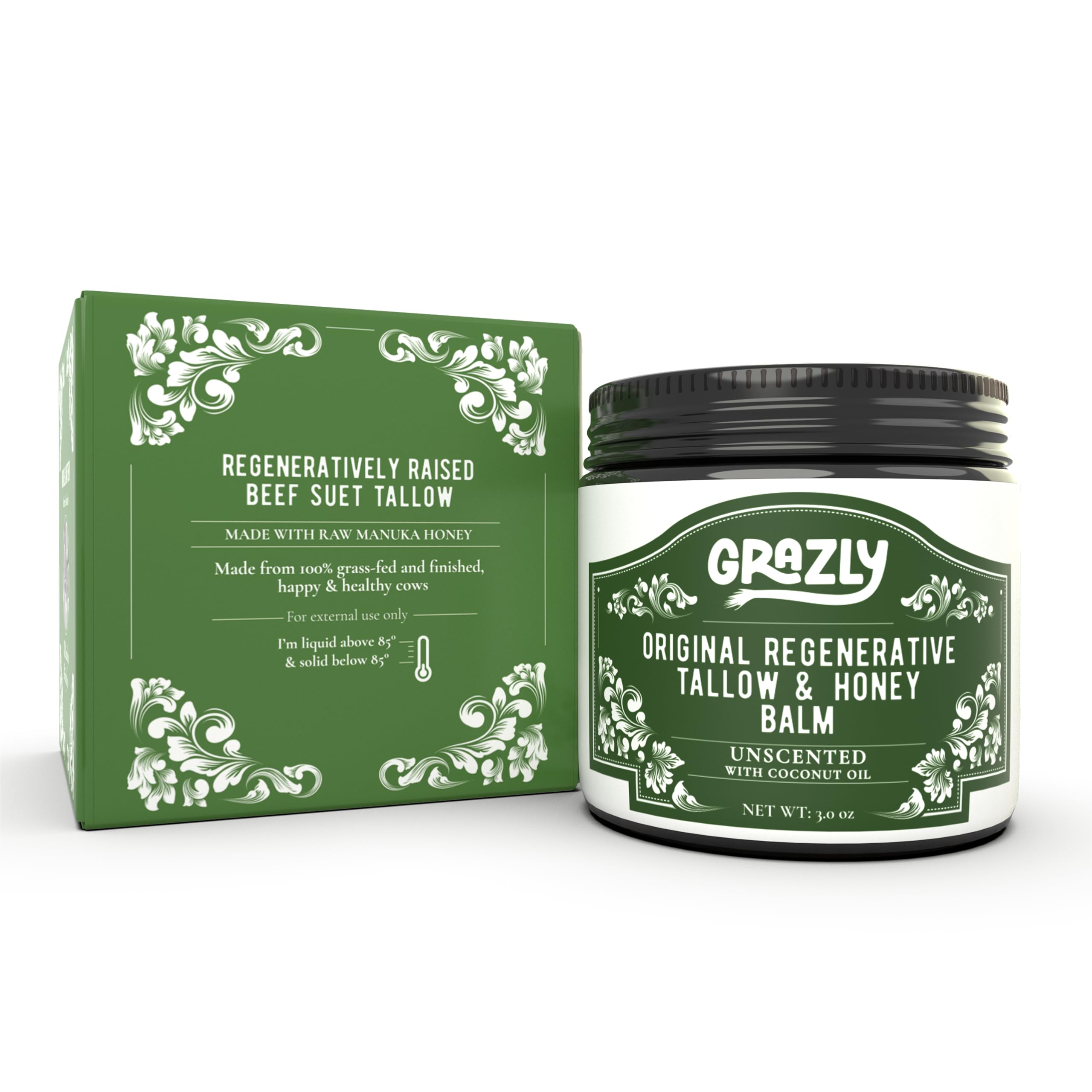 Grazly Beef Tallow & Manuka Honey Balm with Beeswax, 3 oz