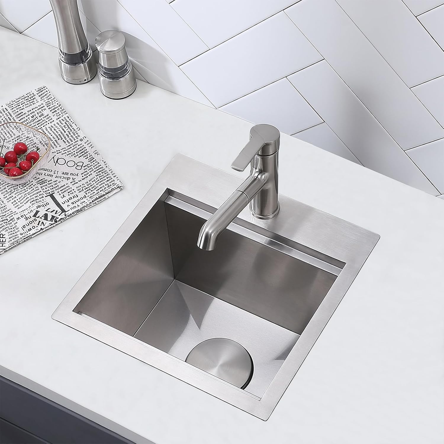 VAPSINT 15x15 Drop in Bar Sink Workstation, 15 Inch Topmount Stainless Steel Small Bar Sink, 16 Gauge Handmade Single Bowl Small Kitchen Sink for RV Outdoor Prep with Accessories