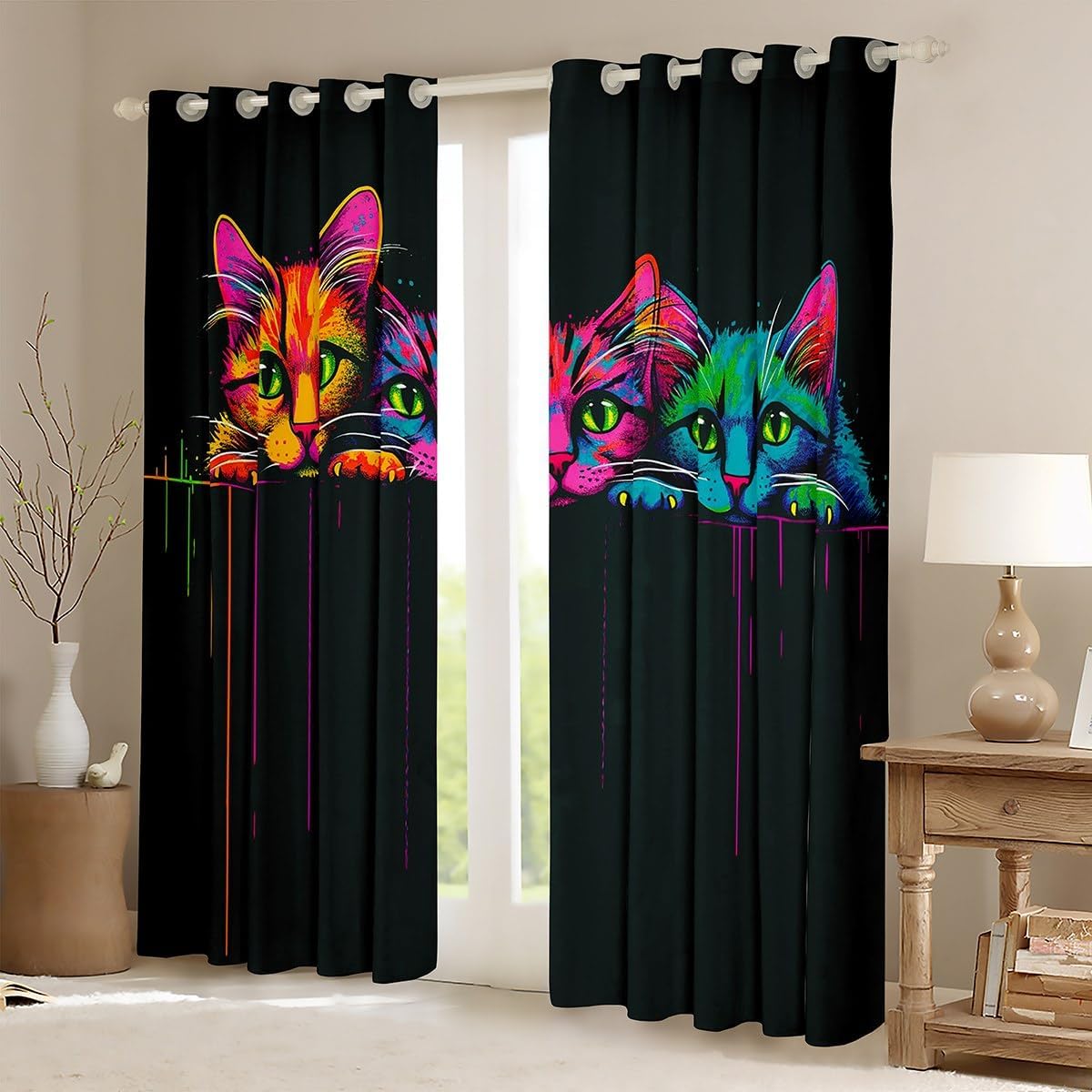 Erosebridal Colorful Cat Blackout Curtains 42" Wx84 L Neon Cats Curtains Cute Kitten Curtains & Drapes for Kids Boys Girls Teens Bedroom Funny Pet Animal Window Curtain 2 Panels Living Room Decor