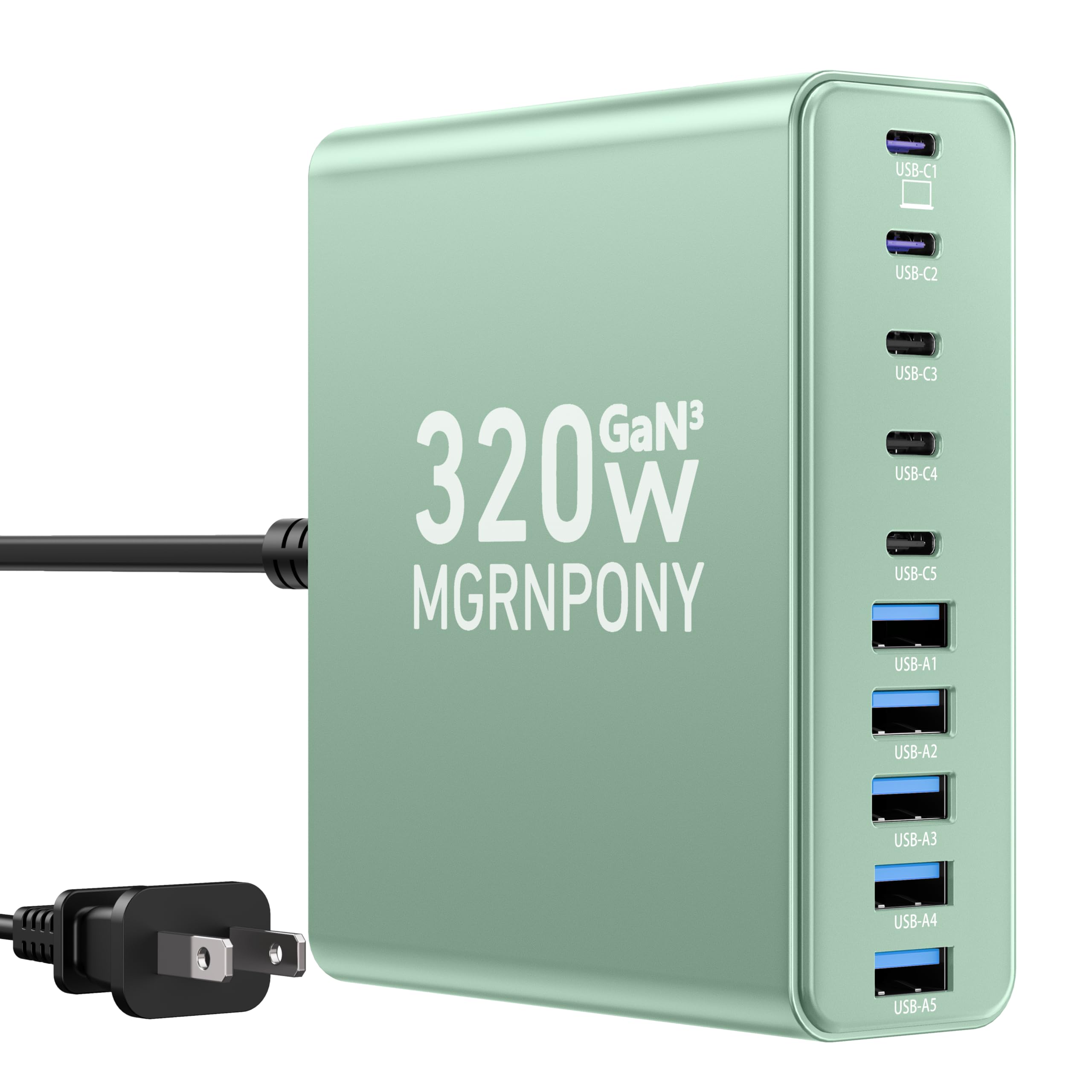 320W USB C Charger Block, MGRNPONY 10-Port GaN USB C Charging Station Green
