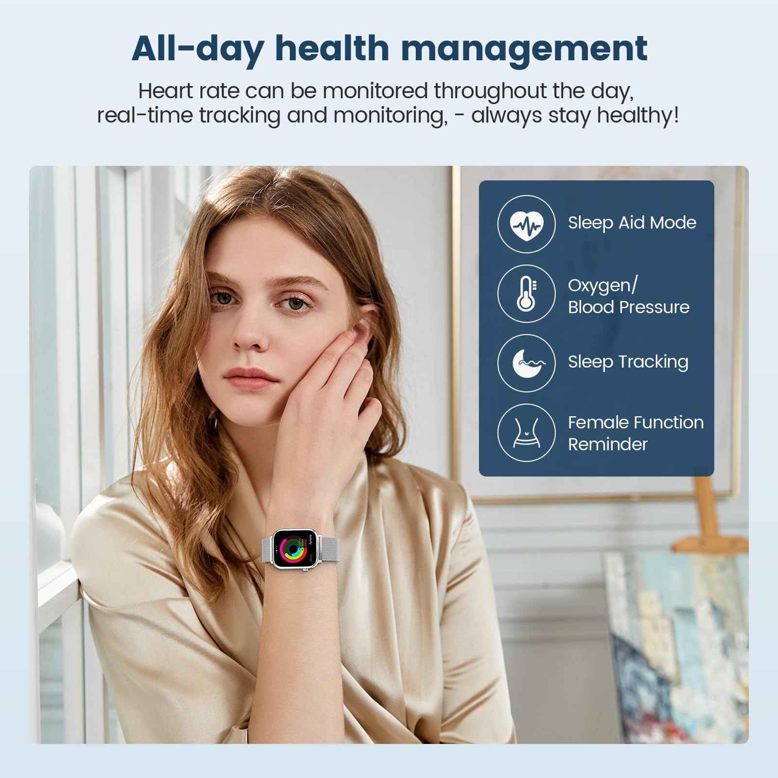 elfofle Smartwatch Donna Uomo con Chiamate, 1,83" Orologio HD Touchscreen, impermeabile IP67 /SpO2 Fitness Tracker/Ciclo Mestruale Frequenza Cardiaca Sleep Monitor per iOS Android (Argento)