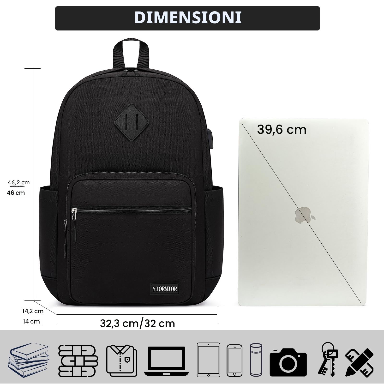 Zaino Scuola Superiore Media università Donna Uomo, Zaino Porta Pc Uomo con Porta USB Impermeabile