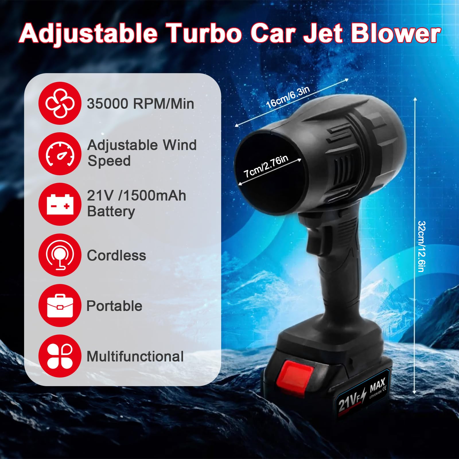 Soplador de Aire para Coche, Soplador de Aire Comprimido con 2 Baterías & Cargador, Turbo Ajustable Soplador, Plumero Portátil de Aire Comprimido para Limpieza del Hogar,Exteriores,Polvo,Hojas,Nieve