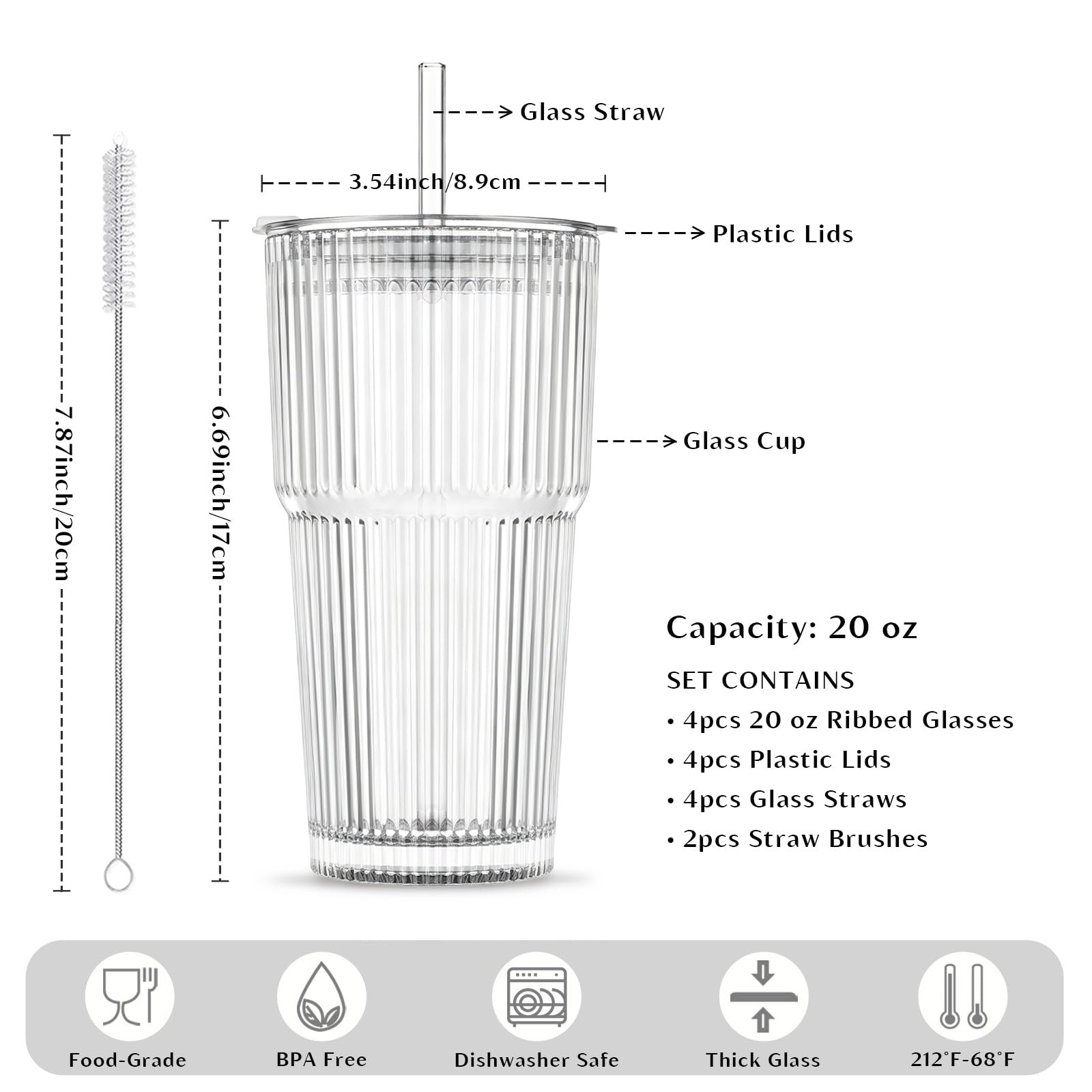 INSETLAN Lot de 4 gobelets en verre nervuré de 591 ml avec couvercles et pailles en verre – Paroi épaisse, idéal pour le café glacé, les smoothies, les cocktails et les jus – Vaisselle élégante et
