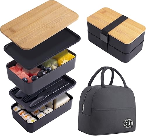 Caja Bento japonesa de bambú con compartimentos y utensilios, apilable, incluye bolsa de almuerzo para preparación de comidas, color negro