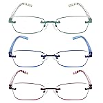 JJWELL 3 Pack Blue Light Blocking Reading Glasses for Women, Anti Eyestrain/Computer Glare UV 400 Filter Readers with Spring Hinge, Lightweight Rimless Tinted Metal Blue Rays Eyeglasses (1.00)